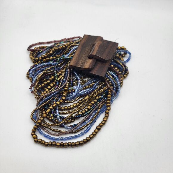 Indonesian Blue Gold Beaded Layered Bangle Bracelet with Wooden Clasp 9in - Picture 3 of 3